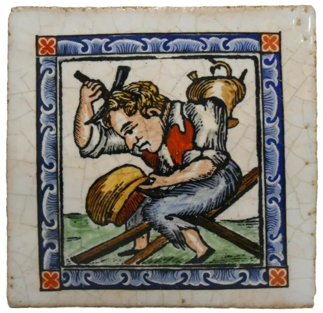 Rare Late 18Th-Early 19Th C Europ'n Sq Faience Cer Tile Brass Smith W/Hammer/Pot