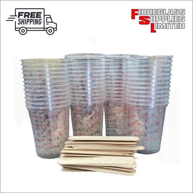 50 x Calibrated Resin/Paint Mixing Cups, 100 Wooden Mixing Sticks for GRP Resin