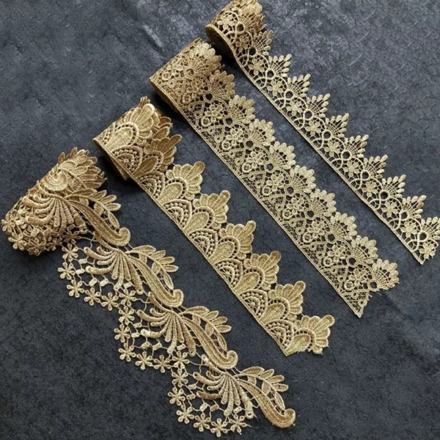 Vintage Gold Embroidered Lace Edge Trim Ribbon Costume Decor Applique DIY Sewing