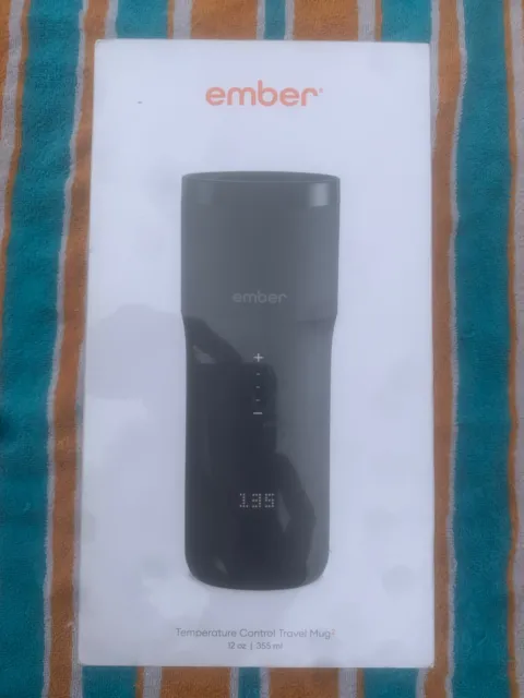 Ember Smart Travel Mug2~Bluetooth Adj 145* Temp~Black 12 Oz~Msg 4Opt 12VCar Chgr