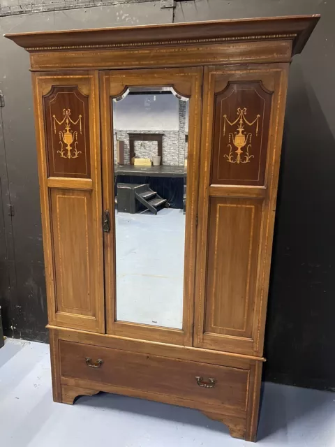 Edwardian Double Wardrobe Mahogany Inlaid Mirror Door Drawer Breakdown Antique