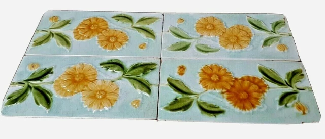 Rare Old 4 Pc Ceramic Flower Tiles Porcelain Vintage Art England H&R Johnson