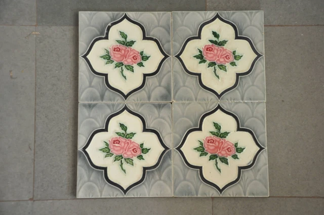 4 Pc Vintage Colorful Fine HS Saji Mark Floral Embossed Ceramic Tile,Japan