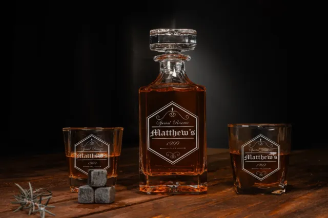 Personalized Whiskey Decanter Set with 2 Glasses, Whiskey Stones and Box