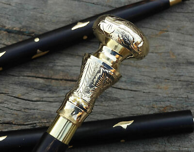 Victorian Style Solid Brass Designer Handle Wooden Walking Stick/Cane Vintage