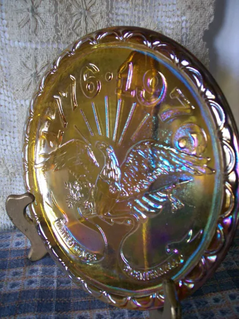 INDIANA CARNIVAL GLASS Bicentennial PLATE Gold Amber 1776-1976 EAGLE 8 inches