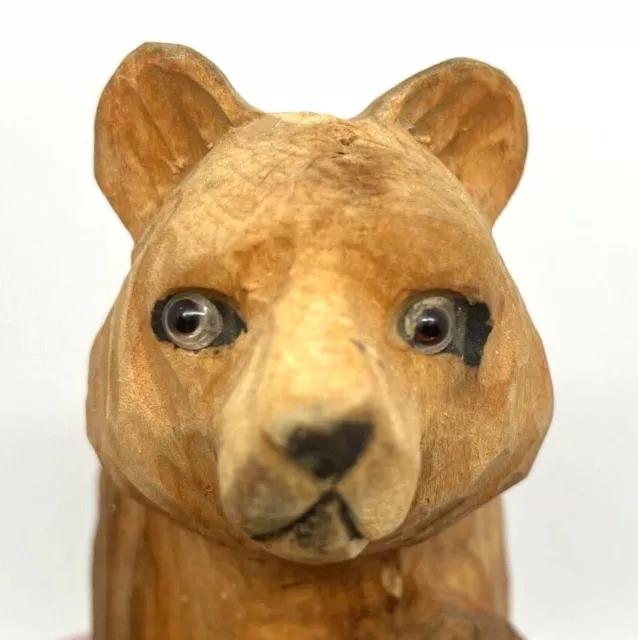 Bear Hand Carved Wood Folk Art 1950s 7" Figurine Glass Eyes Standing