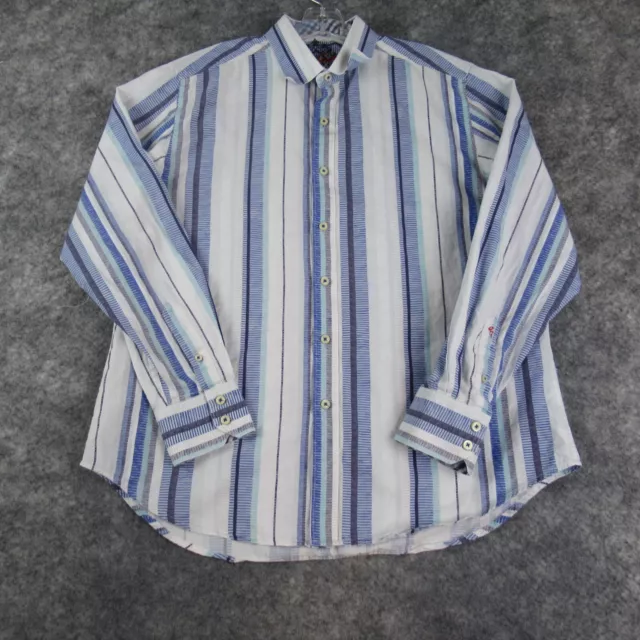Robert Graham Shirt Mens Large White Blue Striped Flip Cuff Button Up Cotton