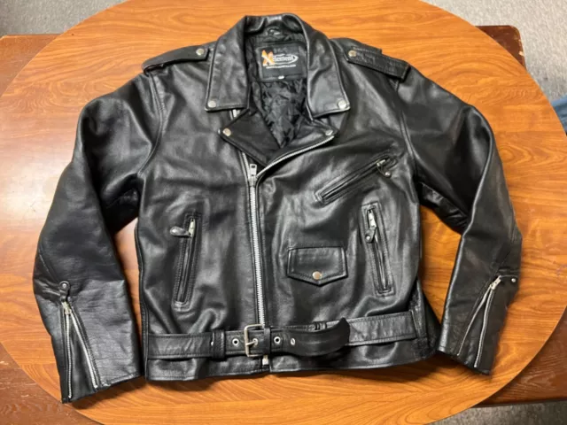 Mens Used Vintage Xelement Black Leather Motorcycle Jacket Size 46