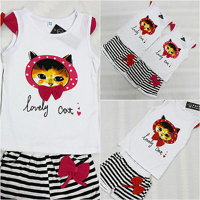 Girls Lovely Kitty Summer Dress Pink/Reds Outfit Top Short Bottom Set 1-4 Years