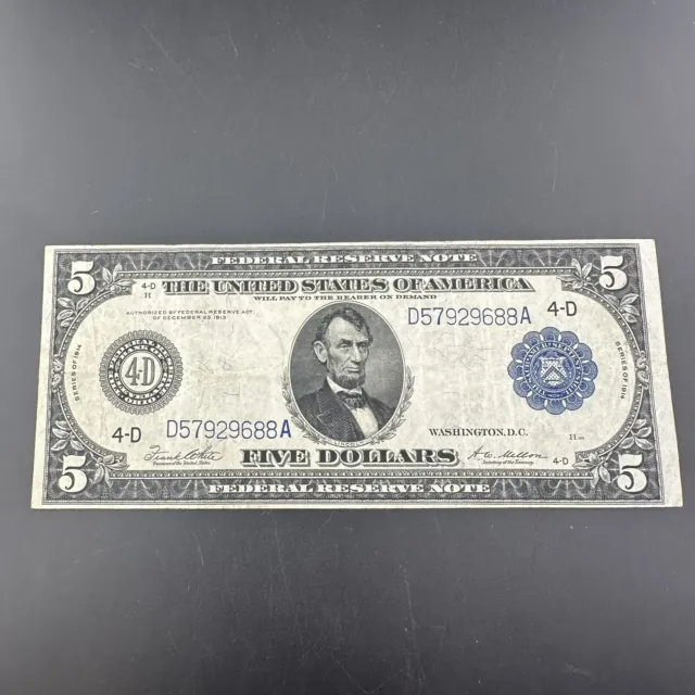 1914 $5 Five Dollar US Federal Reserve Note Large Blue Seal Off Center Reverse