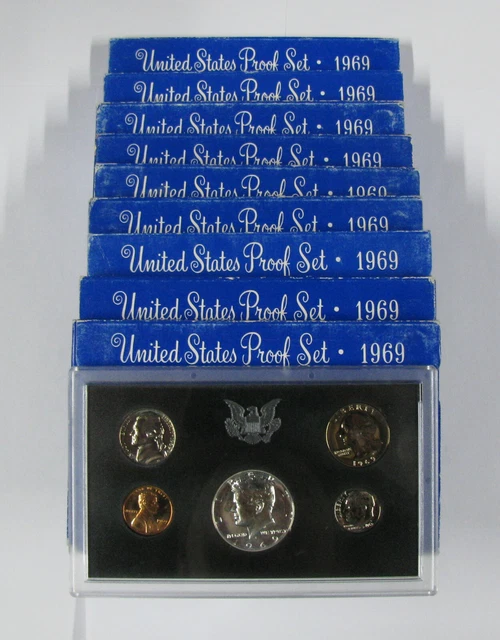 (10) 1969 S Silver Proof Sets Ogp Total Of 50 Proof Coins Kennedy Lincoln Jeff