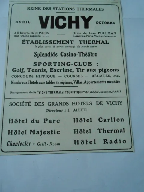 Publicité 1929  Reine des stations thermales Avril Octobre Vichy casino