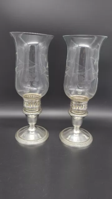 Vintage Pair of Rogers Weighted Sterling Candleholders w/ Etched Glass Hurricane