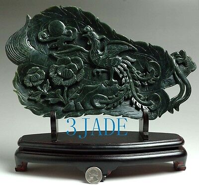 Natural Nephrite Jade Phoenix Flower Fan Statue / Carving / Sculpture / Art