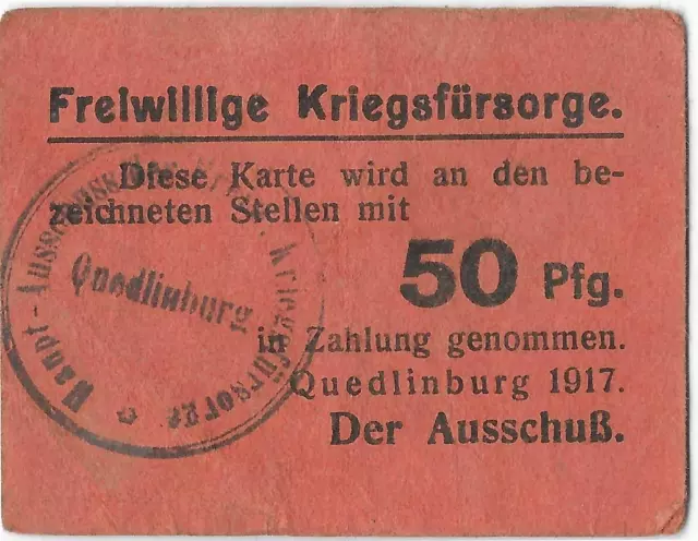 Notgeld Quedlinburg Kriegsfürsorge 50 Pfg. 1917