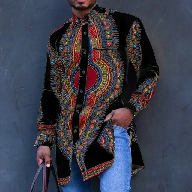 Mens Long Sleeve Longline African Dashiki Dress Shirt Ethnic Totem Print Tops