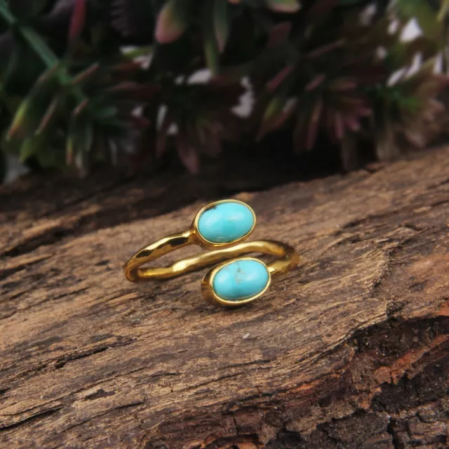 Arizona Turquoise Hammered Ring 925 Silver Gold Plated Adjustable Bypass Ring