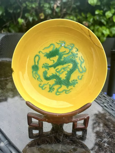 A Quantity Guangxu Period Chinese Yellow And Green Glazed Dragon Dish & Stand