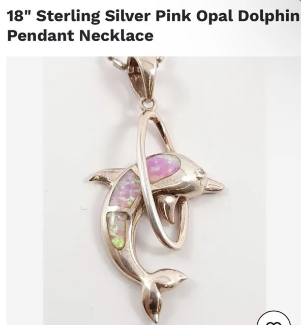 STERLING SILVER PINK Fire Opal Inlay DOLPHIN Pendant 18” 925 Chain $15. ...