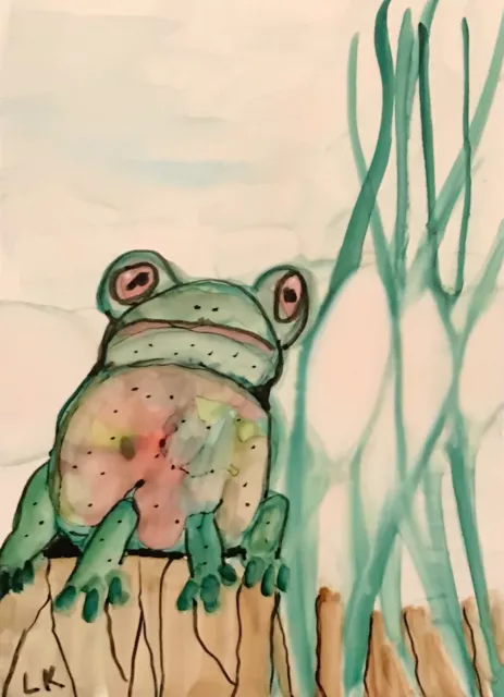 ACEO Original Frog reeds contemporary art painting by Lynne Kohler 2.5x3.5"