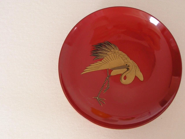 Antique Japanese lacquer sake cup with crane and plants Meiji era #4787