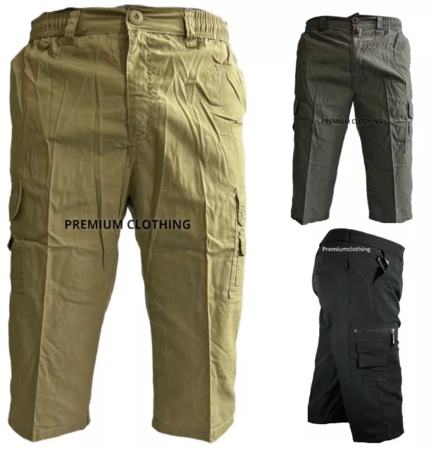 l2777 Mens 3/4 Combat Long Length Shorts Elasticated Waist Cargo Three Quarter