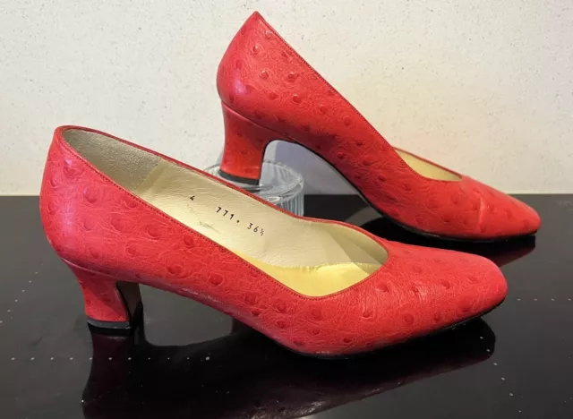 Lanvin Red Ostrich Leather Court Shoes Heels Size 4 EU 36.5 Vintage