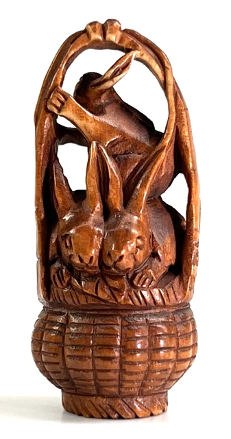 Japanese Netsuke 3 Rabbits In Basket Hand Carved Boxwood 1” Signed 石川 Ishikawa
