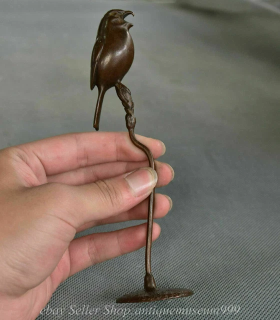 6.4" Old Chinese Red Copper Animal Tree pied magpie Birds Statue Sculpture