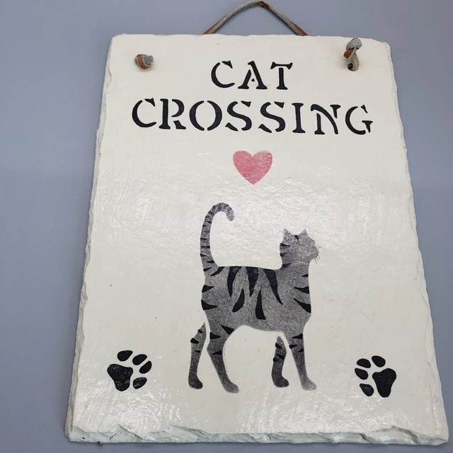 Slate and Leather Cat Crossing Stencil Art Wall Hanging.