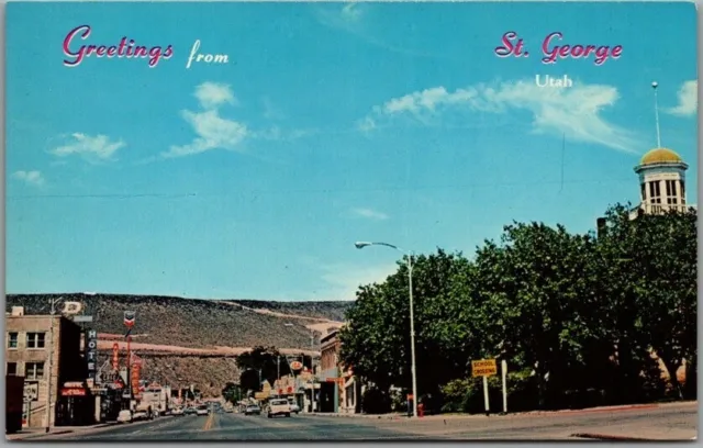 Vintage 1950s ST. GEORGE, Utah Greetings Postcard Main Street Downtown Scene