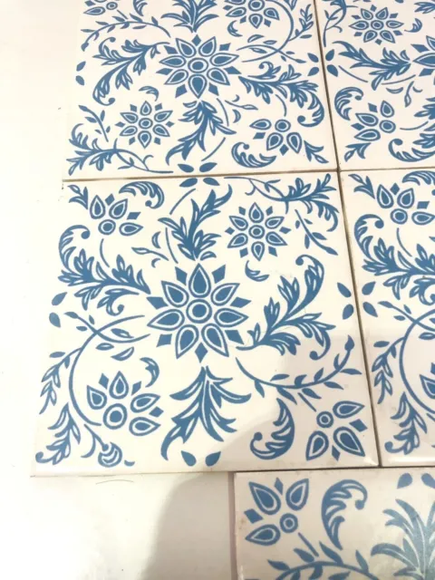 7 X Vintage Architectural Salvage 15Cm Square Tile Floral Blue & White Ah30 2