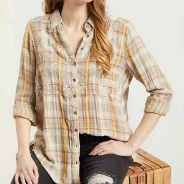 Free People Womens Embroidered Plaid Button Up Shirt Tan Gray Size XS