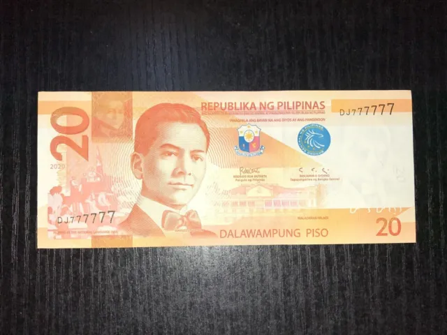 Philippines NGC 2020 20 Piso Solid 7 Banknote DJ777777 Duterte-Diokno UNC