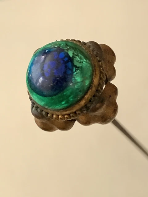 RARE! Victorian Hat Pin Peacock Eye Glass Brass Blue Green Art Nouveau Era 8.5”