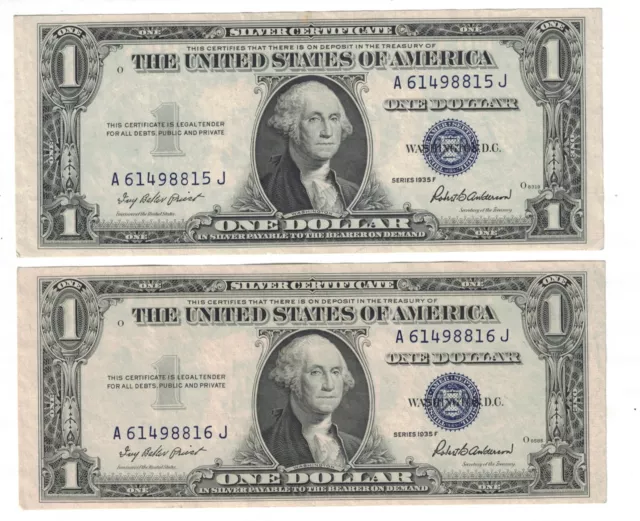 1935 F $1 One Dollar Silver Certificate Unc. Consecutive Fr-1615