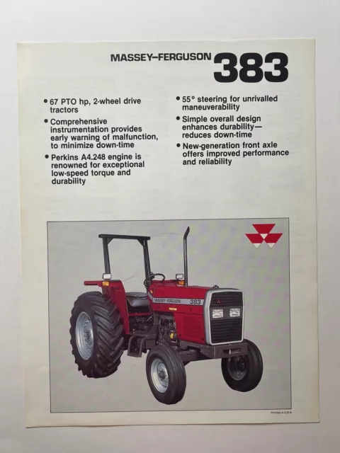 Massey Ferguson Model 383 Tractor Sales Brochure *1980s* (Showroom Sales Sheet)