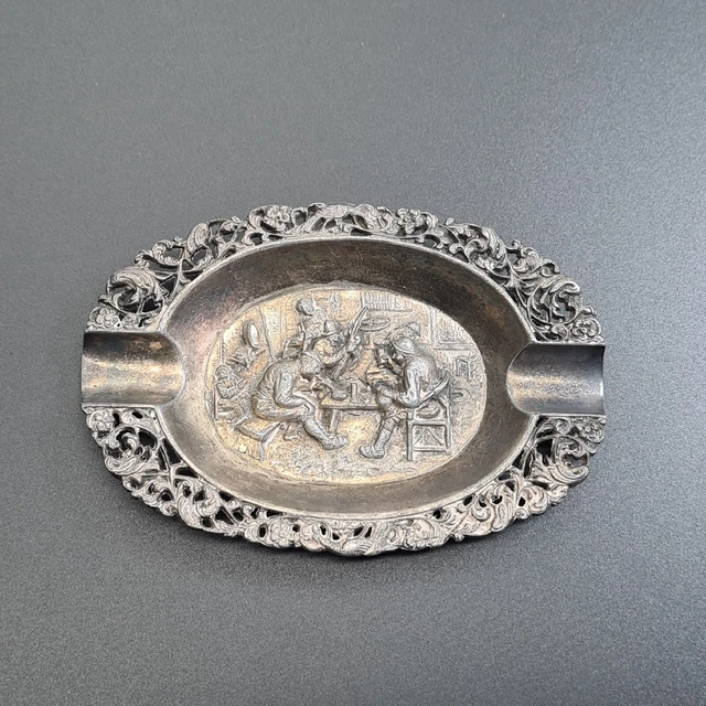 Antique Dutch Silver Plated 3D Repousse Ashtray Bar Scene
