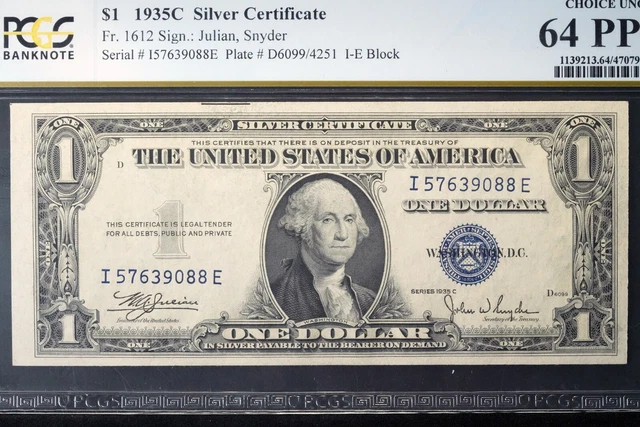 1935C $1 Silver Certificate Fr 1612 PCGS Choice Unc 64 PPQ I-E Block Dollar Note 2