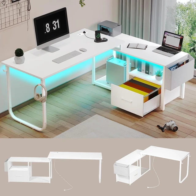 L SHAPED REVERSIBLE Corner Office Gaming Desk with LED Lights for Home