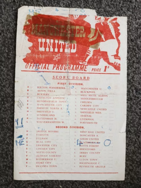 Manchester United v Bolton Wanderers programme 1953/54. Reserves. Central League