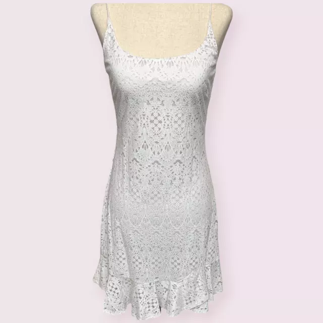 Aqua White Eyelet Mini Dress Drop Waist Ruffle Bottom Sundress Size Medium