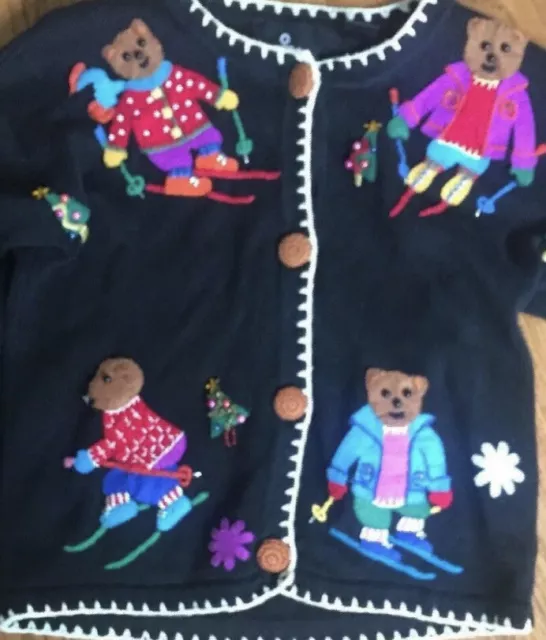 Michael Simmons Girls Button Up Black Christmas Skiing Bears Sweater Size 10