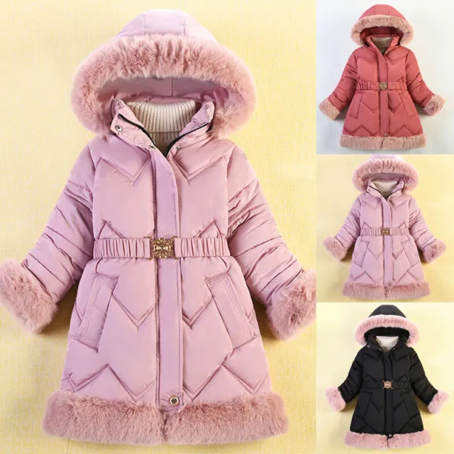 Kids Girls Winter Warm Hooded Coat Padded Thick Parka Long Fur Cotton Jacket UK
