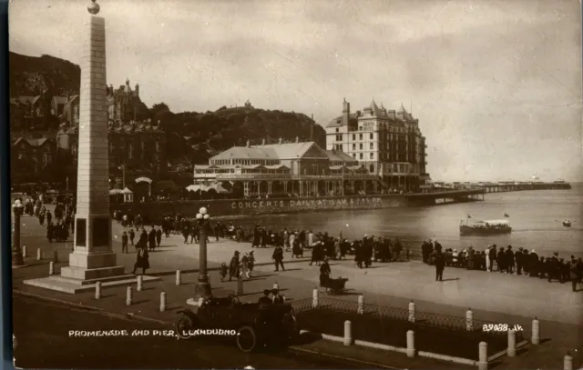 Promenade & Pier Llandudno motor car RPPC postcard real photograph antique