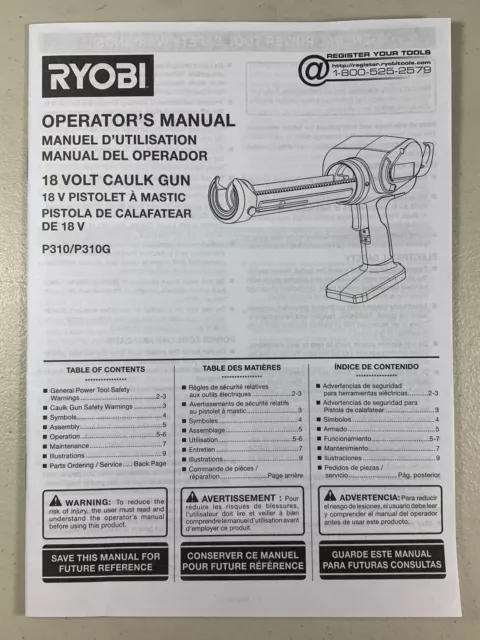 MANUAL ONLY for Ryobi P310/P310G 18V Cordless Power Caulk and Adhesive Gun