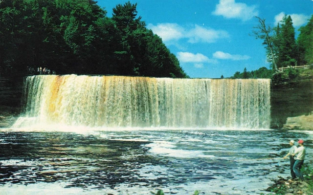 Newberry MI Michigan UP, Upper Falls Tahquamenon River Fishing, Vintage Postcard