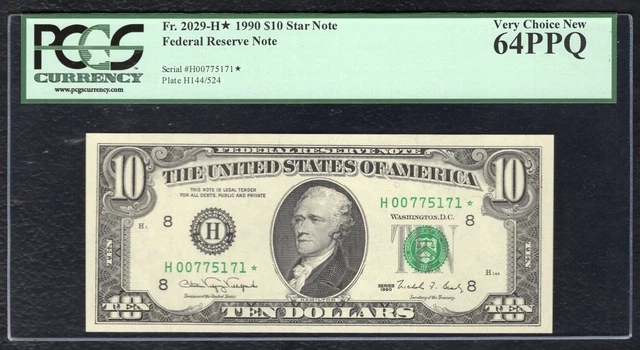 Fr.2029-H* 1990 $10 *Star* Frn Federal Reserve Note St. Louis, Mo Pcgs Unc-64Ppq
