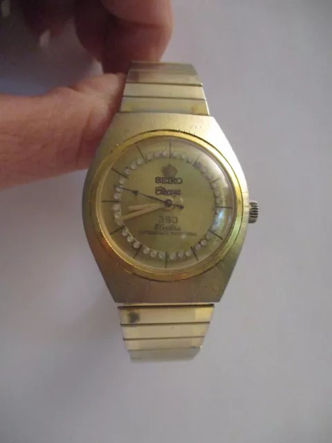 Vtg Seiko Electra Gold Plated w/Rhinestones Unbreakable Mainspring Mens Watch